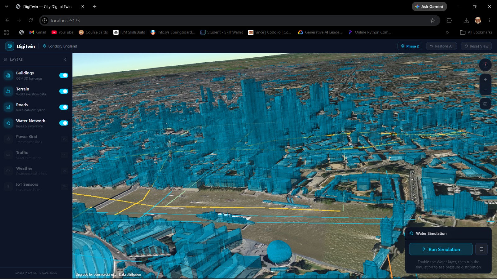 DigiTwin in a browser: 3D London buildings with road and water-network overlays beside a water simulation panel